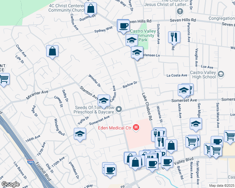 map of restaurants, bars, coffee shops, grocery stores, and more near 19572 Carlton Avenue in Castro Valley