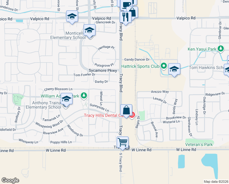 map of restaurants, bars, coffee shops, grocery stores, and more near 4005 South Tracy Boulevard in Tracy