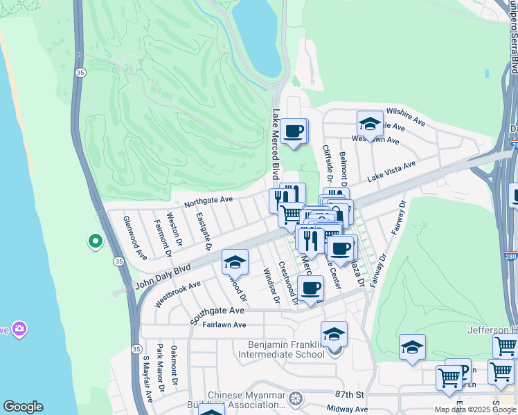 map of restaurants, bars, coffee shops, grocery stores, and more near 60 Oaklawn Drive in Daly City