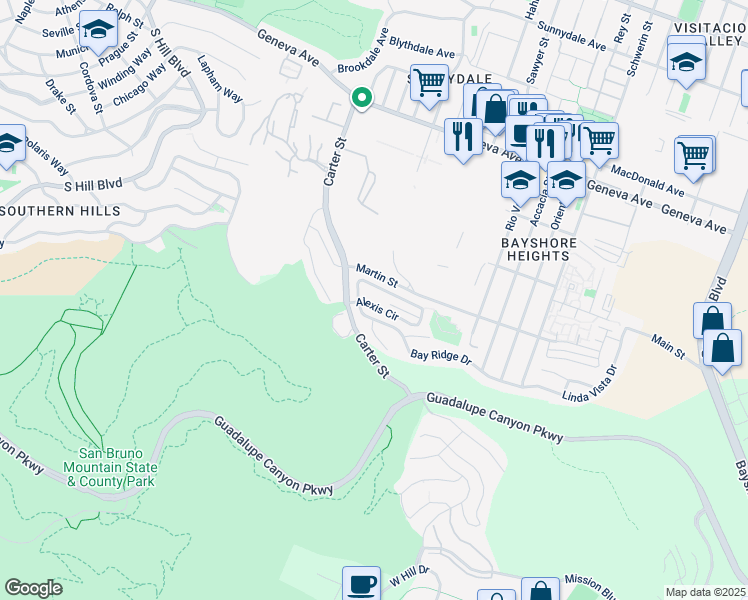 map of restaurants, bars, coffee shops, grocery stores, and more near 510 Alexis Circle in Daly City