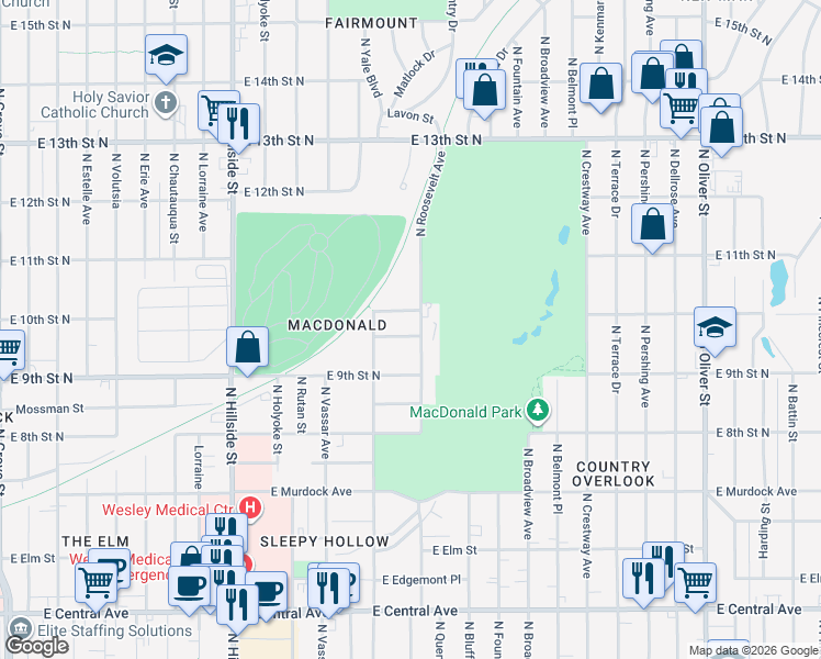 map of restaurants, bars, coffee shops, grocery stores, and more near 1036 North Roosevelt Street in Wichita