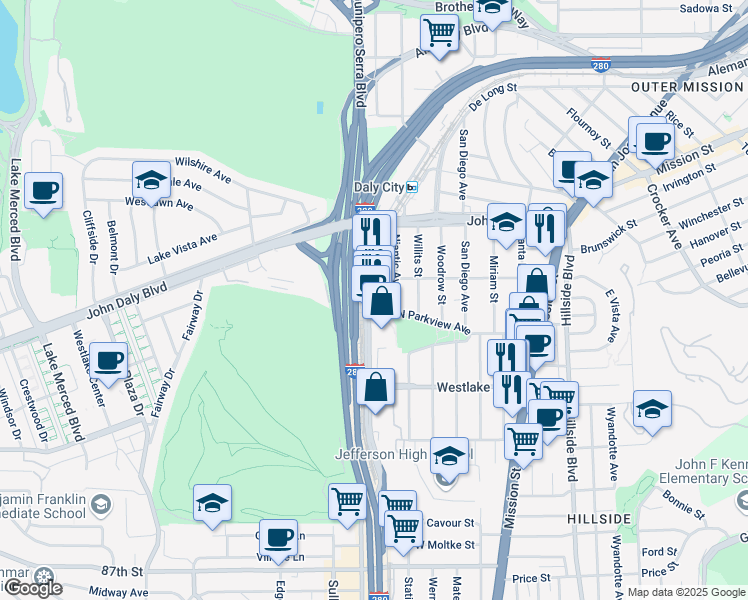 map of restaurants, bars, coffee shops, grocery stores, and more near 1901C Junipero Serra Boulevard in Daly City