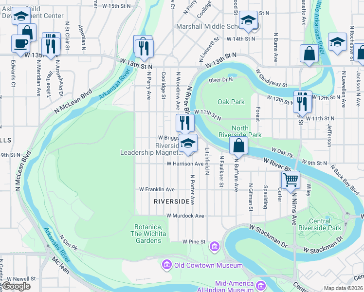 map of restaurants, bars, coffee shops, grocery stores, and more near 1040 Woodrow Street in Wichita
