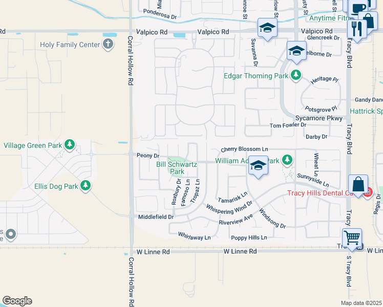 map of restaurants, bars, coffee shops, grocery stores, and more near 3976 Chateau Lane in Tracy