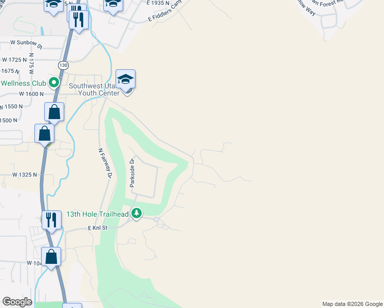 map of restaurants, bars, coffee shops, grocery stores, and more near 1399 North Knoll Street in Cedar City
