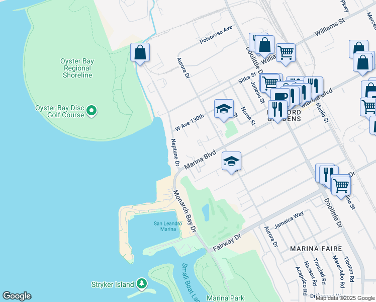 map of restaurants, bars, coffee shops, grocery stores, and more near 2777 Marina Boulevard in San Leandro