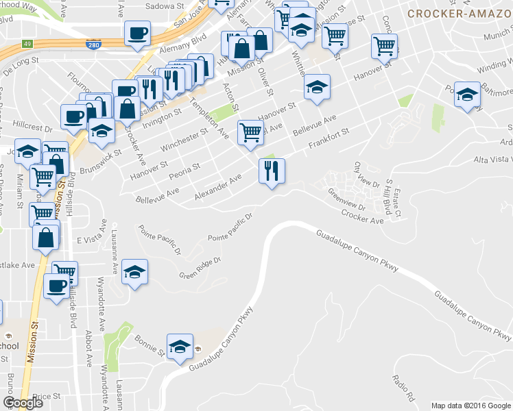 map of restaurants, bars, coffee shops, grocery stores, and more near Crocker Ave & Pointe Pacific Dr in Daly City