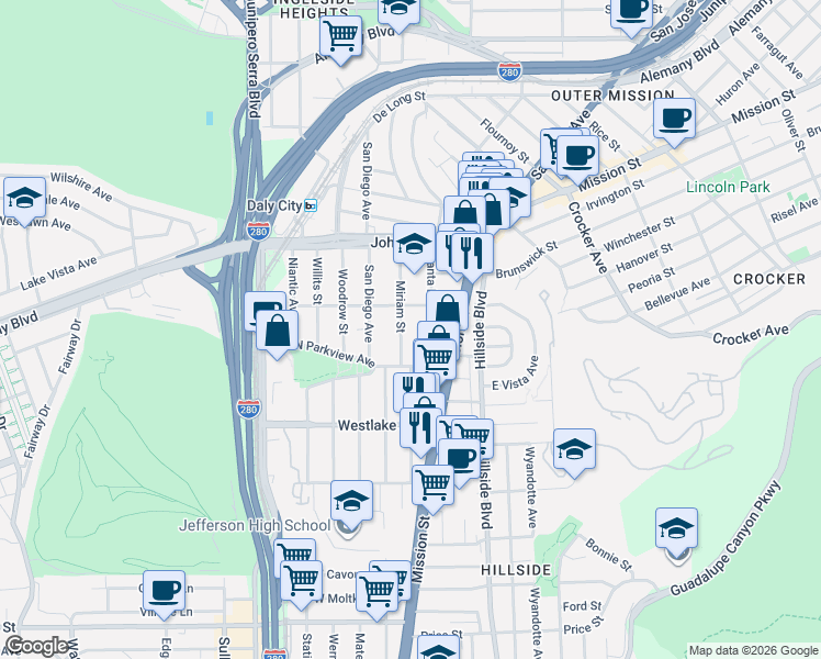 map of restaurants, bars, coffee shops, grocery stores, and more near 428 Santa Barbara Avenue in Daly City