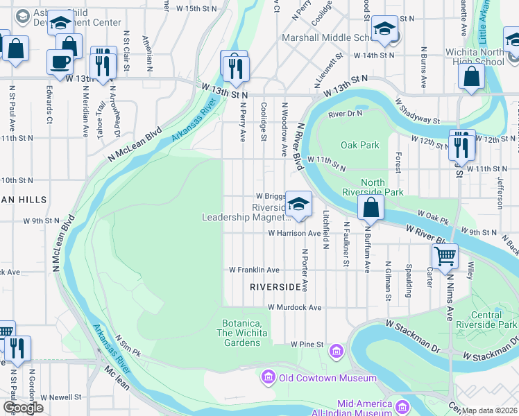 map of restaurants, bars, coffee shops, grocery stores, and more near 1043 Coolidge Street in Wichita
