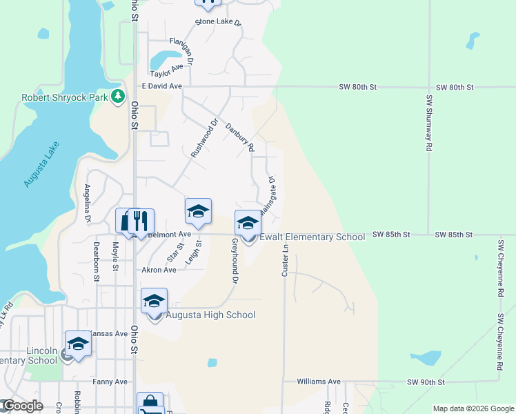map of restaurants, bars, coffee shops, grocery stores, and more near 2500 Mainsgate Drive in Augusta