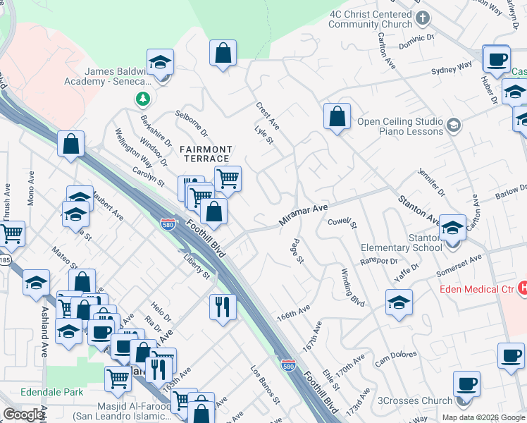map of restaurants, bars, coffee shops, grocery stores, and more near 16255 Miramar Place in San Leandro