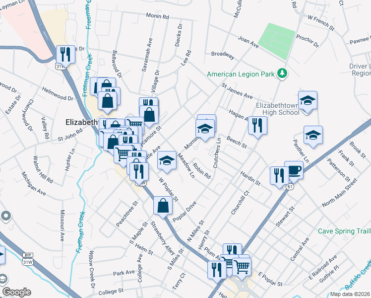 map of restaurants, bars, coffee shops, grocery stores, and more near 323 Morningside Drive in Elizabethtown