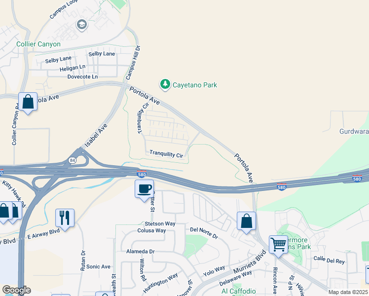 map of restaurants, bars, coffee shops, grocery stores, and more near 697 Sandalwood Drive in Livermore