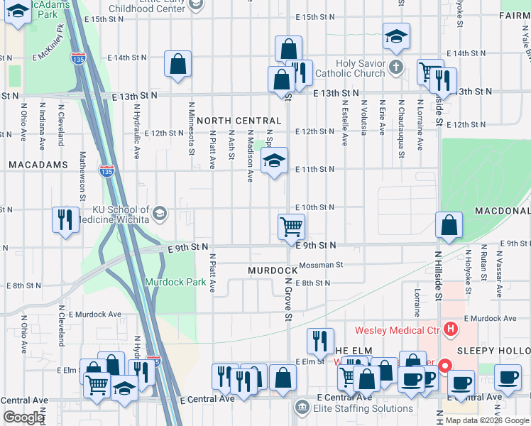map of restaurants, bars, coffee shops, grocery stores, and more near 1051 North Spruce Street in Wichita