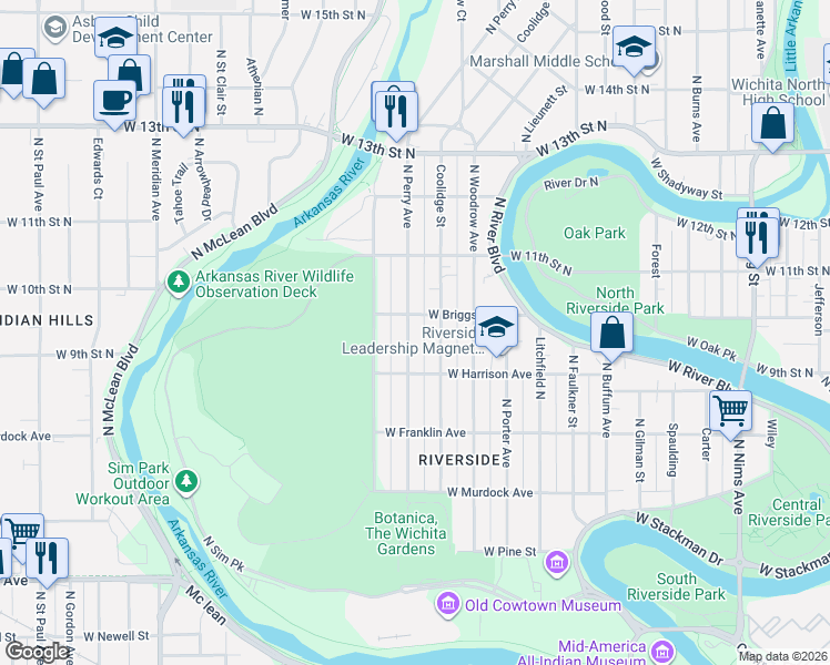 map of restaurants, bars, coffee shops, grocery stores, and more near 1041 North Perry Avenue in Wichita