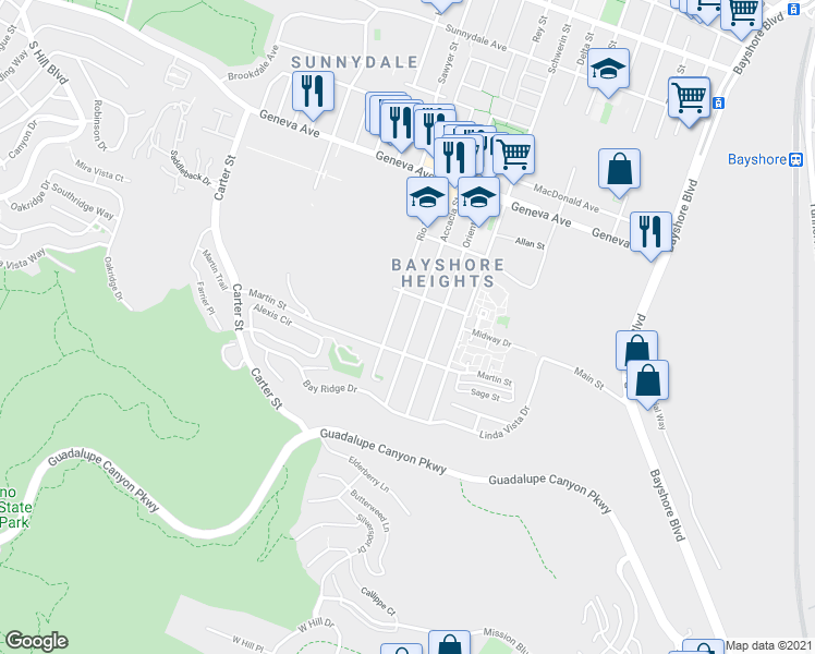 map of restaurants, bars, coffee shops, grocery stores, and more near 346 Accacia Street in Daly City