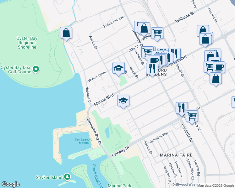 map of restaurants, bars, coffee shops, grocery stores, and more near 2510 Marina Boulevard in San Leandro