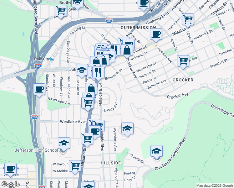 map of restaurants, bars, coffee shops, grocery stores, and more near 135 East Vista Avenue in Daly City