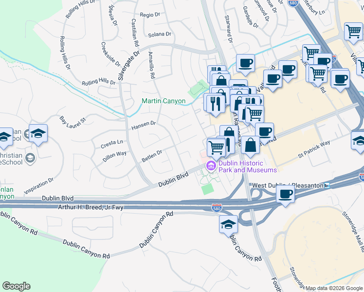 map of restaurants, bars, coffee shops, grocery stores, and more near 11701 Betlen Drive in Dublin