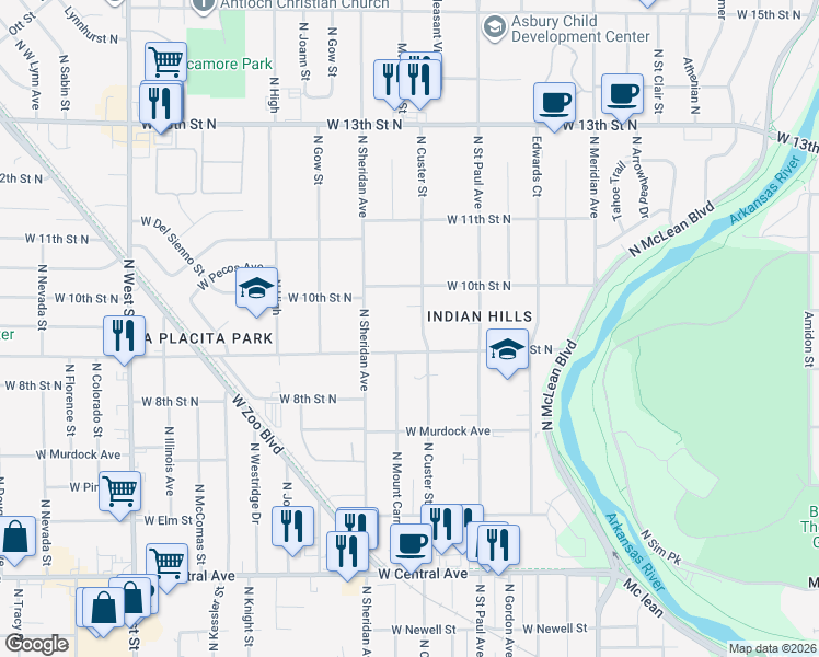 map of restaurants, bars, coffee shops, grocery stores, and more near 1013 North Custer Street in Wichita