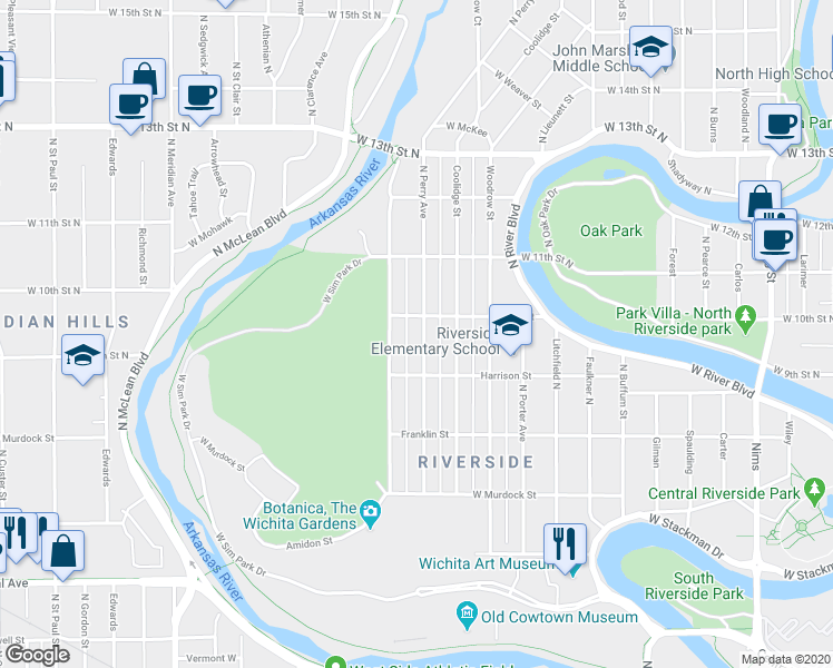 map of restaurants, bars, coffee shops, grocery stores, and more near 1041 North Perry Avenue in Wichita