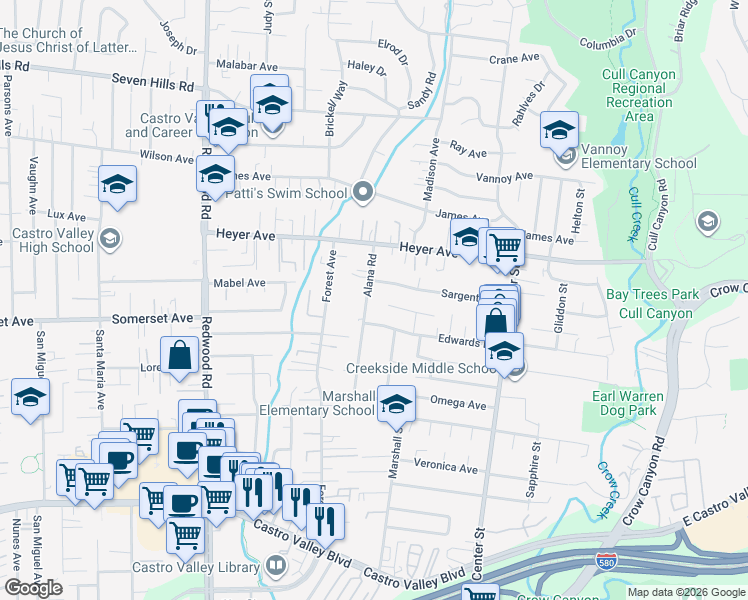 map of restaurants, bars, coffee shops, grocery stores, and more near 19548 Alana Road in Castro Valley