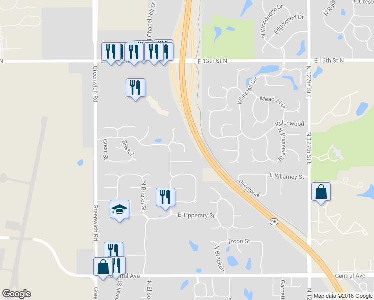 map of restaurants, bars, coffee shops, grocery stores, and more near 1090 Bedford Court in Wichita