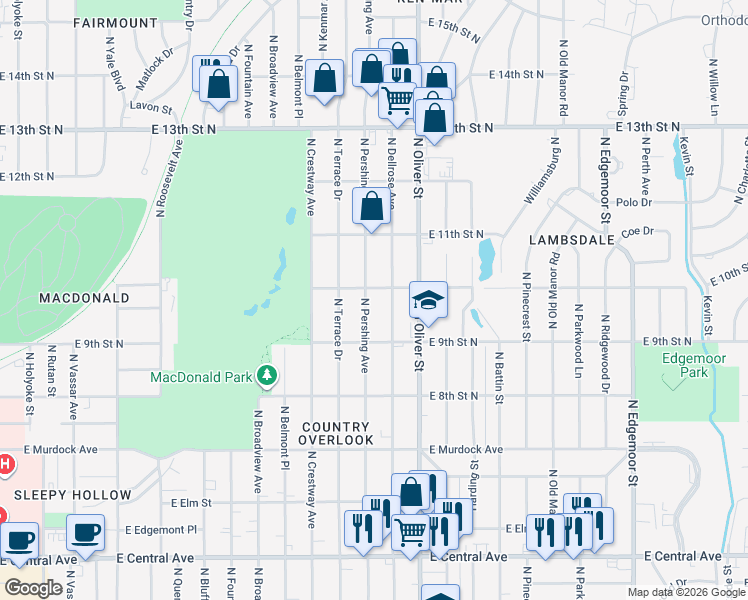 map of restaurants, bars, coffee shops, grocery stores, and more near 1048 North Pershing Street in Wichita