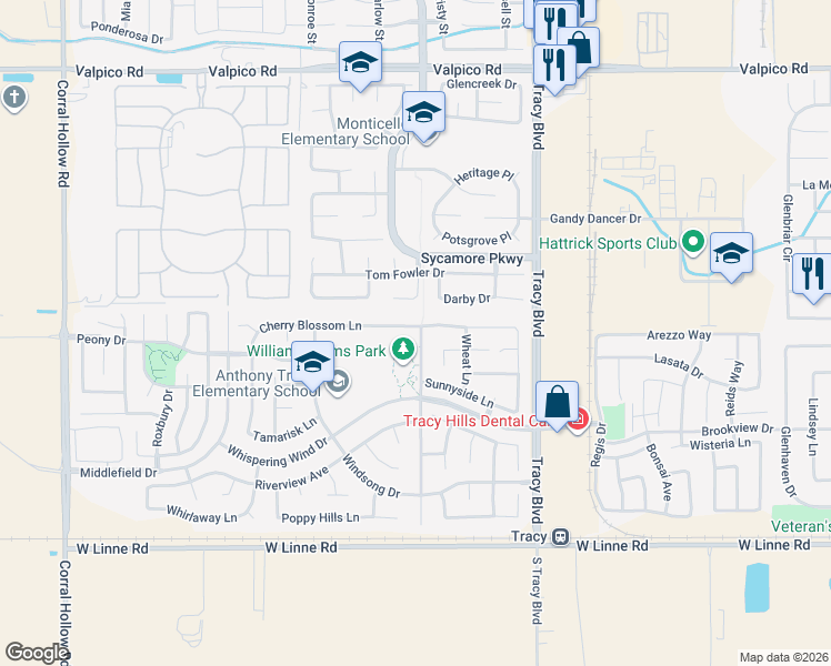 map of restaurants, bars, coffee shops, grocery stores, and more near 1100 Cherry Blossom Lane in Tracy