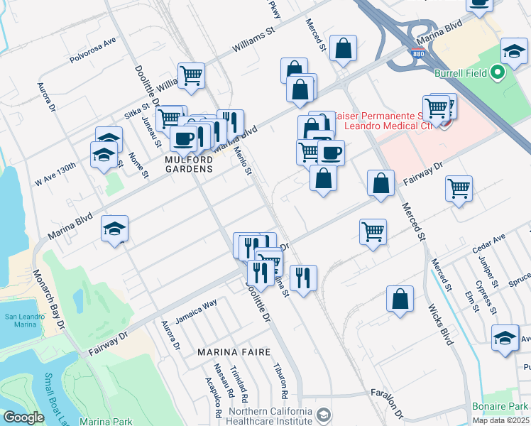 map of restaurants, bars, coffee shops, grocery stores, and more near 13515 Menlo Street in San Leandro