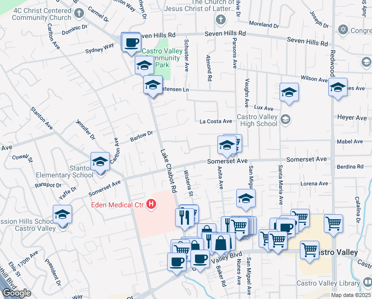 map of restaurants, bars, coffee shops, grocery stores, and more near 19671 Adair Drive in Castro Valley