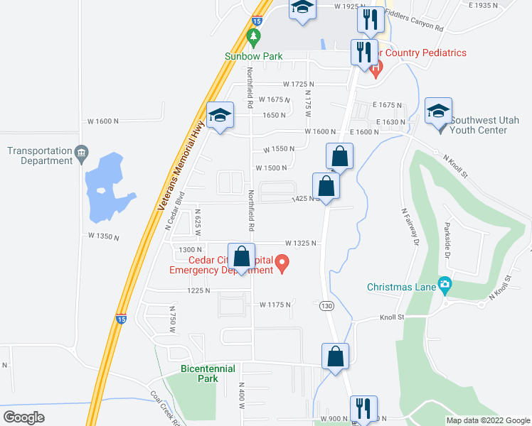 map of restaurants, bars, coffee shops, grocery stores, and more near 333 1425 North Street in Cedar City