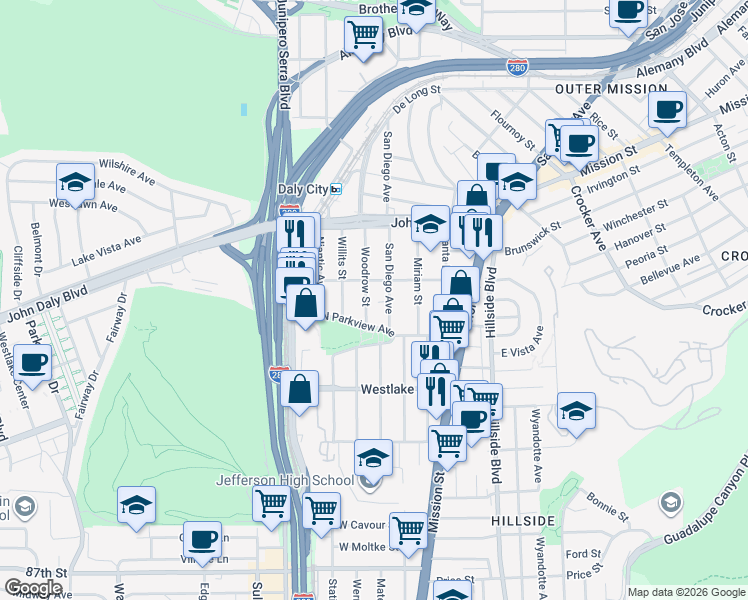 map of restaurants, bars, coffee shops, grocery stores, and more near 135 Woodrow St in Daly City