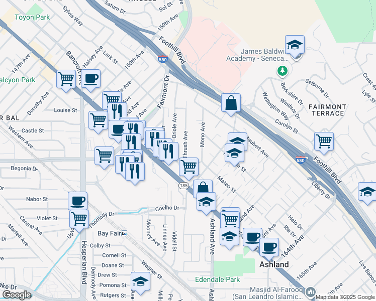 map of restaurants, bars, coffee shops, grocery stores, and more near 1546 Thrush Avenue in San Leandro