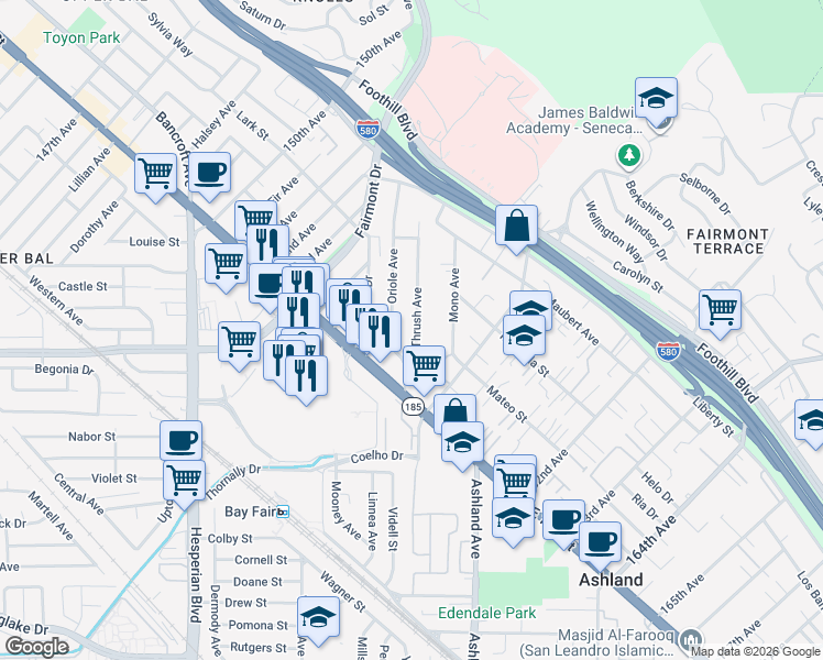 map of restaurants, bars, coffee shops, grocery stores, and more near 1549 Thrush Avenue in San Leandro