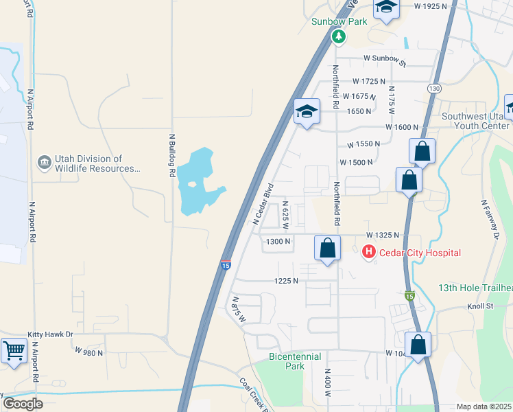 map of restaurants, bars, coffee shops, grocery stores, and more near 1397 North Cedar Boulevard in Cedar City