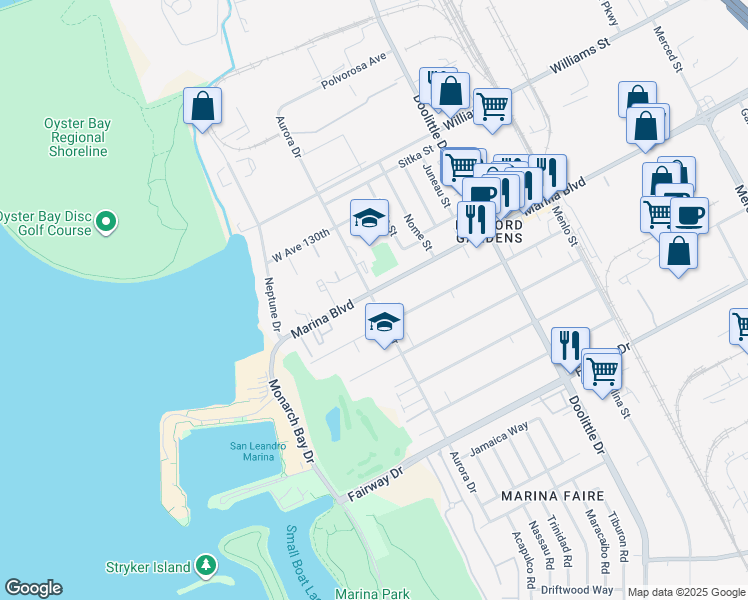 map of restaurants, bars, coffee shops, grocery stores, and more near 2510 Marina Boulevard in San Leandro