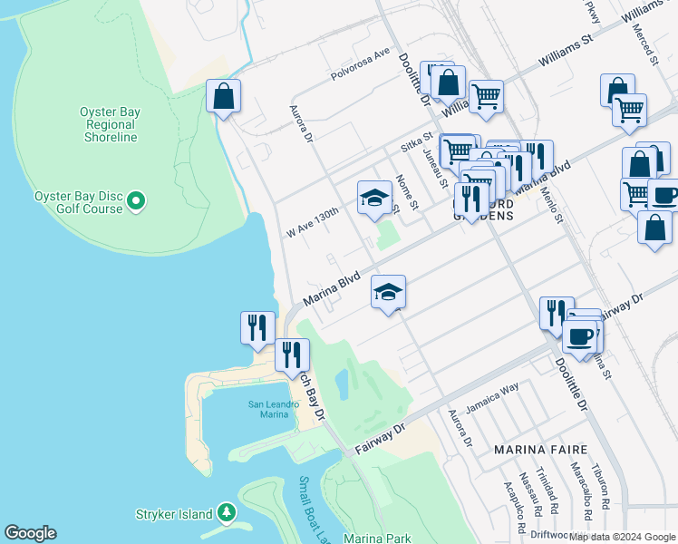 map of restaurants, bars, coffee shops, grocery stores, and more near 2615 Marina Boulevard in San Leandro