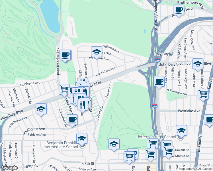 map of restaurants, bars, coffee shops, grocery stores, and more near 9 Fairway Drive in Daly City