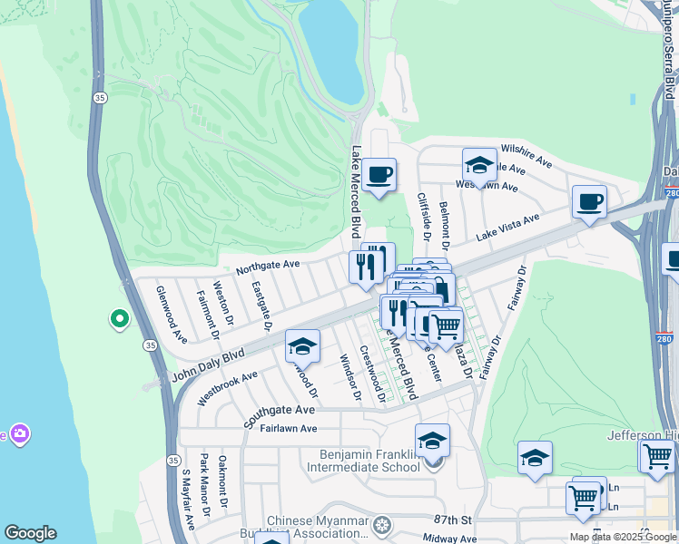 map of restaurants, bars, coffee shops, grocery stores, and more near 60 Oaklawn Drive in Daly City