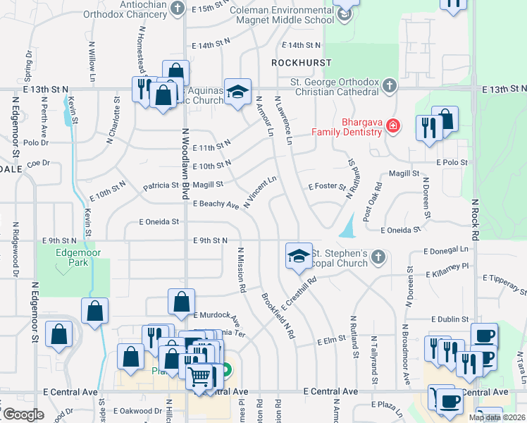 map of restaurants, bars, coffee shops, grocery stores, and more near 1040 North Stratford Lane in Wichita