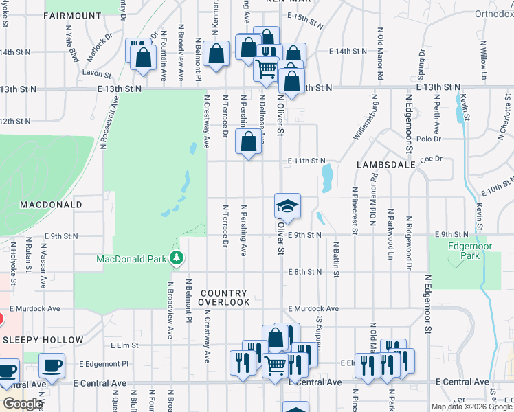 map of restaurants, bars, coffee shops, grocery stores, and more near 1048 North Pershing Street in Wichita
