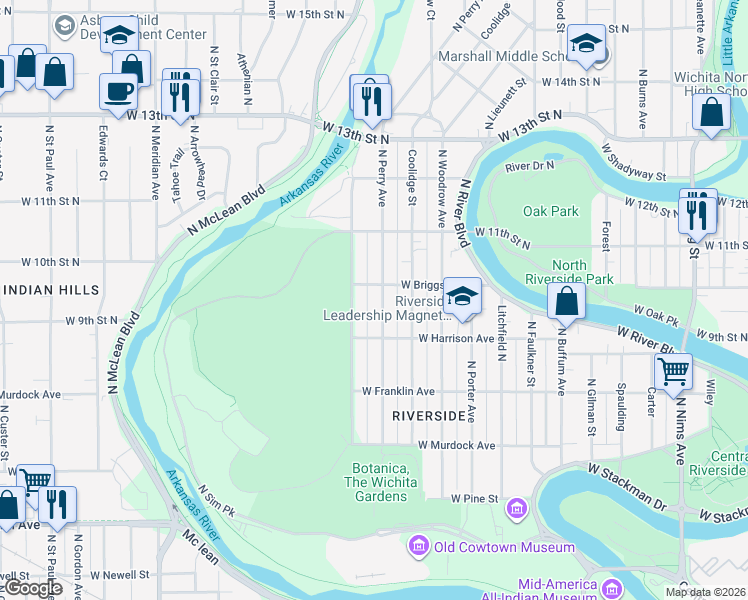 map of restaurants, bars, coffee shops, grocery stores, and more near 1041 North Perry Avenue in Wichita