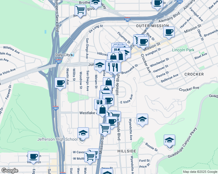 map of restaurants, bars, coffee shops, grocery stores, and more near in Daly City