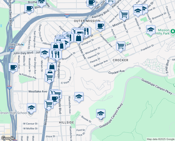 map of restaurants, bars, coffee shops, grocery stores, and more near 829 Bellevue Avenue in Daly City