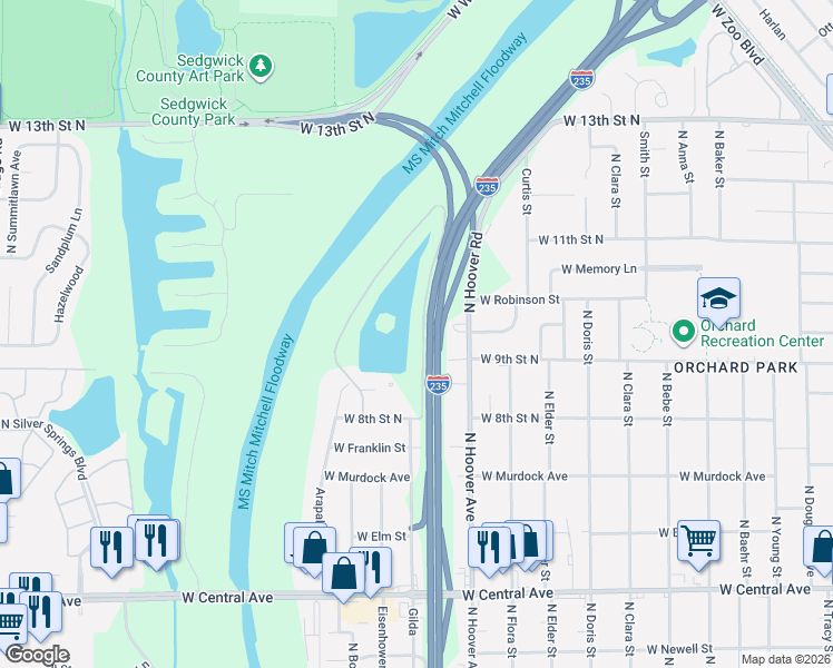 map of restaurants, bars, coffee shops, grocery stores, and more near 1041 North Lakewind Street in Wichita