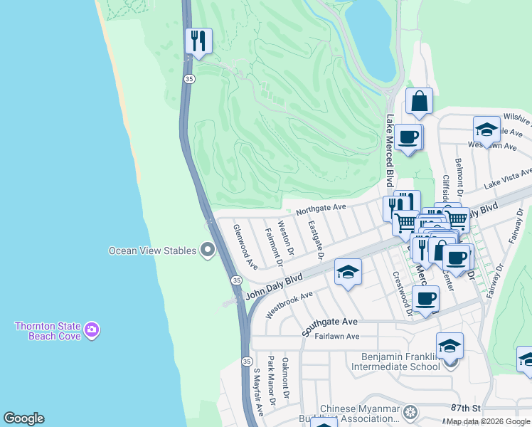 map of restaurants, bars, coffee shops, grocery stores, and more near 280 Northgate Avenue in Daly City