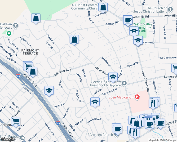 map of restaurants, bars, coffee shops, grocery stores, and more near 19416 Yuma Street in Castro Valley