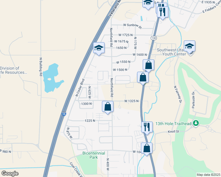 map of restaurants, bars, coffee shops, grocery stores, and more near 1389 Northfield Road in Cedar City