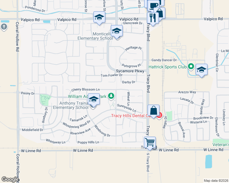 map of restaurants, bars, coffee shops, grocery stores, and more near 1100 Cherry Blossom Lane in Tracy